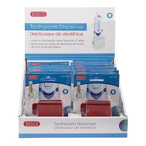 Bodico Plastic Squeezer & Dispenser for Bathroom, 2.2" L x 2" H x 1.5" W, Red Toothpaste Dispenser, 2 Cover