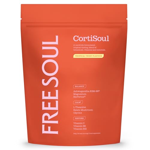 Free Soul CortiSoul with KSM-66® Ashwagandha, L-theanine, Magnesium & Reishi Mushrooms | Nutrient-Rich Superfoods, Adaptogens & Vitamins | Vegan | 30 Servings | Tropical Twist Flavour