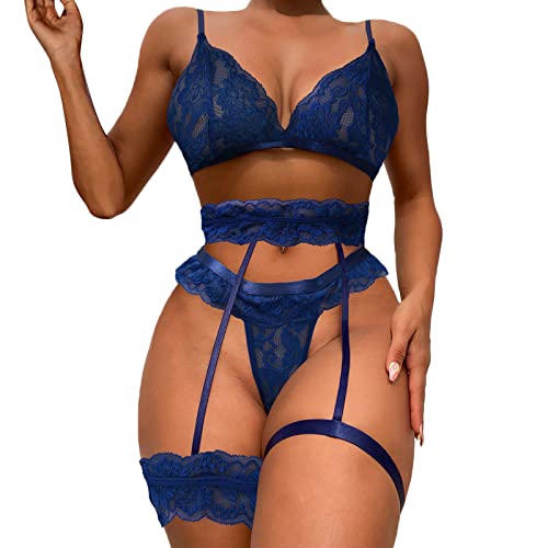 Meggsnle Dessous Damen Sexy Rot Damen Dessous V-Ausschnitt BH Tanga mit Strumpfband Unterwäsche Pyjama Anzug Set Dessous Erotik Schwarz Cover