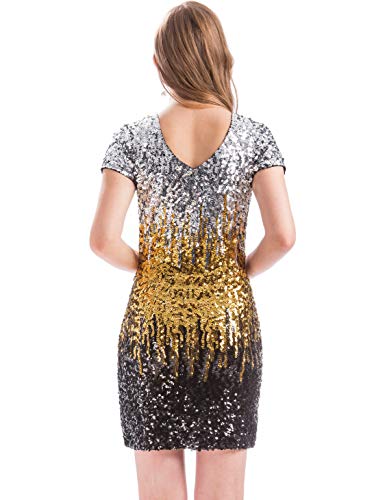 MANER Women's Sequin Glitter Short Sleeve Dress Sexy V Neck Mini Party Club Bodycon Dresses2