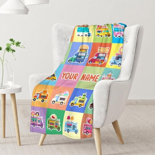 Personalized Food Truck Blanket Gifts with Name - 30x40 Inches Funny Throw Blanket for Boys & Kids - Colorful Soft Fuzzy Car Blankets for Couch & Office