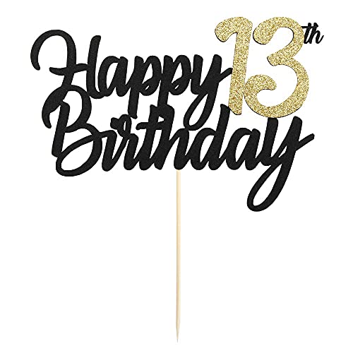 Image of FestikoBlack Gold Glitter Happy Birthday Cake Topper - 13 Anniversary /Birthday Cake Topper Party Decoration (13th)