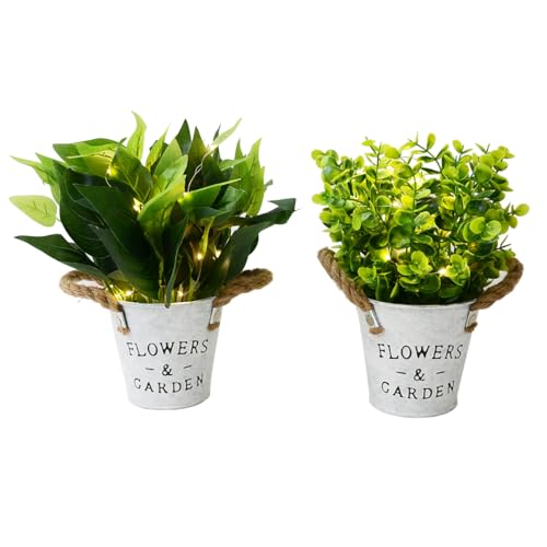 JUNZHEN 2 Pack with LED Lights Artificial Eucalyptus Plant Pot Evergreen Bush Iron Bucket Fake Plant Pot Artificial plantHome Indoor, Bedroom, Office,Kitchen,Bathroom Room Decoration