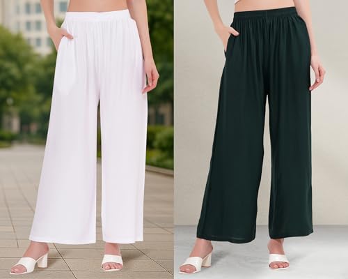 Image of Buy That Trendz Palazzo Pants for Women Cotton Rayon Elasticated Regular Fit Flared Wide Leg M to 6XL Pack of 2