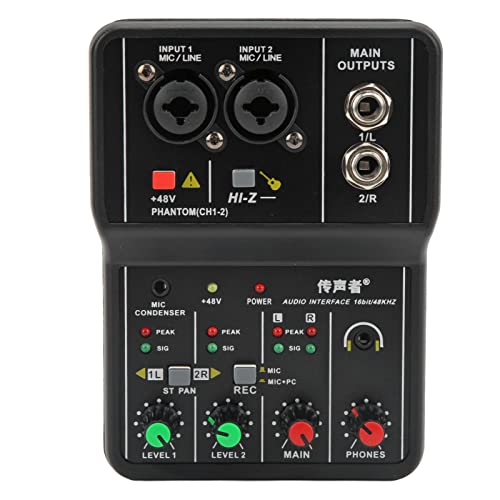CUEI Live Sound Card, 2 Channel Audio Mixer Console Mini USB Mixing with 48V Phantom Power, Portable 16 BIT 48KHZ DJ Podcast Equipment for Music Recording Karaoke Streaming