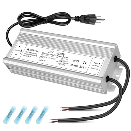 Image of 12V 400W LED Power Supply, IP67 Waterproof LED Driver, AC 90-140V to DC 12 Volt 33.3A Low Voltage Transformer Converter for Outdoor LED Strip Lights, Landscape Lighting, 3-Prong Plug with 3.3FT Cable