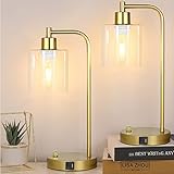 Set of 2 Industrial Table Lamps with 2 USB Port, Fully Stepless Dimmable Lamps for bedrooms, Gold...