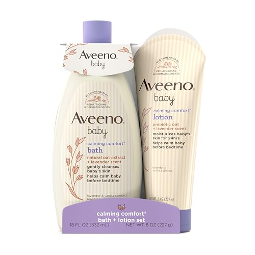 Image of Aveeno Baby Calming Comfort Bath + Body Lotion Set, Nighttime Baby Wash & Baby Lotion with Oat Extract, Soothing Lavender & Vanilla Scent, Gently Cleanses & Helps Calm Baby Before Bedtime, 2 Items