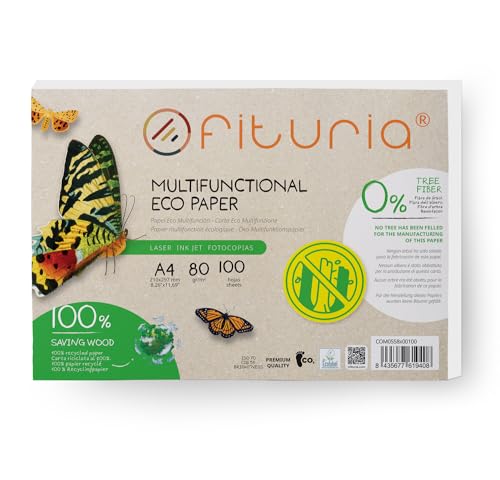 Carta riciclata A4 da 80 g, 250 fogli al 100% realizzata con carta riciclata, confezione di carta riciclata, formato DIN A4, colore naturale, adatta per stampanti laser e inkjet, Ofituria (100 fogli)