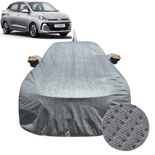 Image of Car Cover Compatible For Hyundai Aura (2020-2026) | 100% Waterproof Cover with Antenna & REFLECTIVE Mirror Pockets | Dustproof, Scratchproof, Heatproof Aura Car Cover |Soft Cotton Lining|GREY
