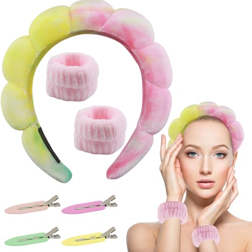 1 diadema de esponja para maquillaje, 2 muñequeras de forro polar, 4 pinzas para el pelo, accesorios para el cuidado de la piel, lavado y ducha