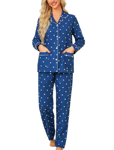 ENJOYNIGHT Womens Cotton Flannel Pajamas Set Long Sleeve Button Down Sleepwear Set(Polka Dots,Small)