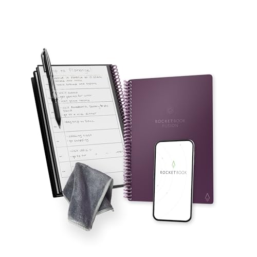 Image of Rocketbook Fusion Reusable Undated Productivity Planner, Executive Size 6x8.8, Plum - Goals, Monthly and Weekly Calendar, Daily To-do List, Lined and Dotted Notes Pages