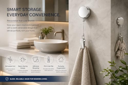 Image of Stainless Steel Retractable Towel Holder Clip with Self Adhesive Wall Mount - Punch Free Dish Cloth Hanger with 60 cm Pull Cord for Kitchen Bathroom Hand Towels, Rags & Cleaning Cloths