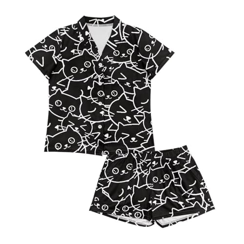 Image of Women's Short Sleeve Sleepwear Button 2 Piece Plus Size Pajamas Casual Soft Stretchy Funny Nightwear with Pockets