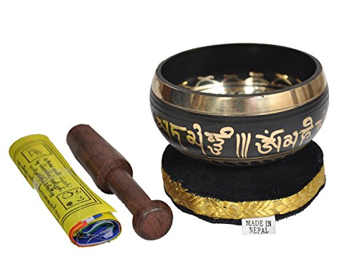 SATNAM - Tibetan Brass Meditation Singing Bowl Set for Relaxation and Healing - With Traditional Design comes with Wooden Striker and Cushion - Handmade in Nepal