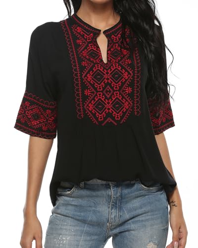 AK Women's Summer V Neck Boho Embroidered Mexican Shirts Short Sleeve Casual Tops Blouse