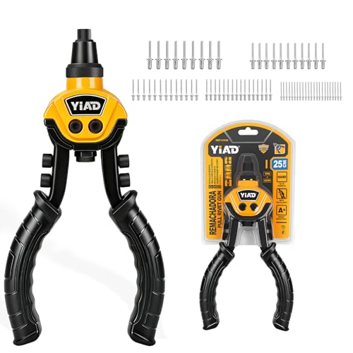 Heavy Duty Rivet Gun,Professional Pop Rivet Gun Kit with 250 Blind Rivets 10' Hand Riveter with 5 Free Interchangeable Rivet Heads 1/4 ',3/16', 1/8',3/32'Manual Riveting Tool for Metal,Gutter,Auto