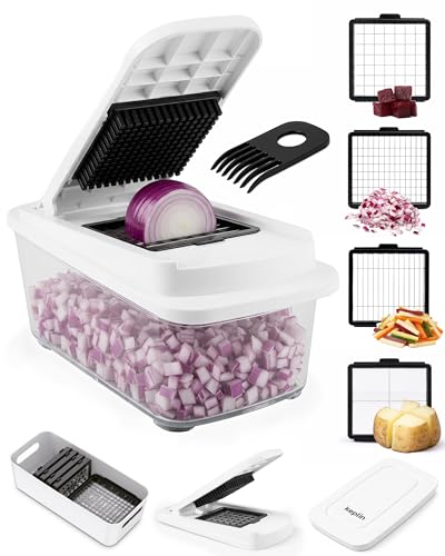 Image of Keplin 4-in-1 Vegetable Chopper with Container, Large Capacity Food Chopper with 4 Interchangeable Blades, BPA Free, Dishwasher Safe, Non-Slip Base, Food Chopper for Cutting Vegetables and Fruits