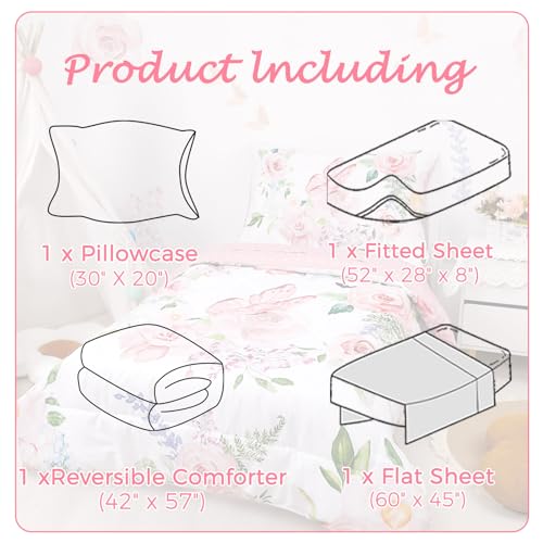 4 Piece Toddler Bedding Set for Girls, Butterfly Toddler Comforter Set, Ultra Soft Toddler Bed Set Includes Comforter, Flat Sheet, Fitted Sheet, Pillowcase (Pink Floral & Butterfly Pattern)