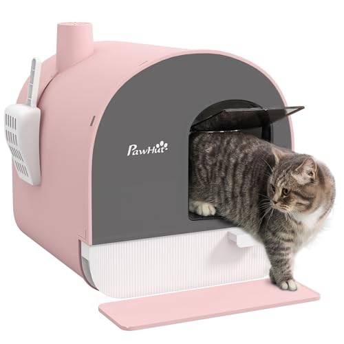 PawHut Cat Litter Box with Lid, Covered Litter Box for Indoor Cats with Tray, Scoop, Mat, Filter, 17" x 17" x 18.5", Pink