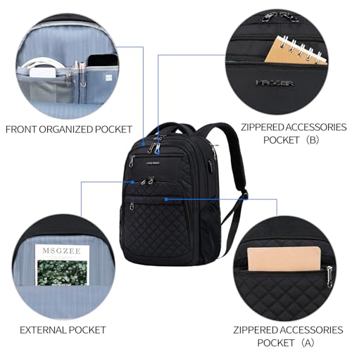 KROSER Laptop Backpack 17.3 Inch Large Travel Computer Backpack Water-Repellent Daypack with USB Charging Port & Headphone Interface RFID Pockets, Quilted Black - Image 2