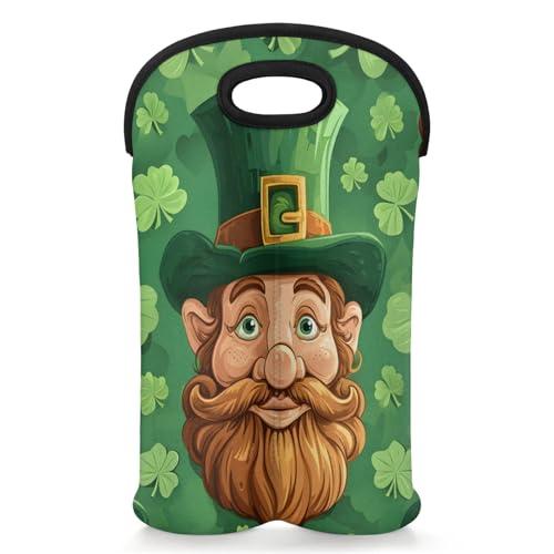 GzLeyigou 2 Bottles Elves St. Patrick Wine Bag Sleeve Totes Four-Leaf Clover Neoprene Protective Wine Carrier Bag for Wine,Water, Champagne, Beer, Baby Bottles,Gift 14.5 x 10 Inches