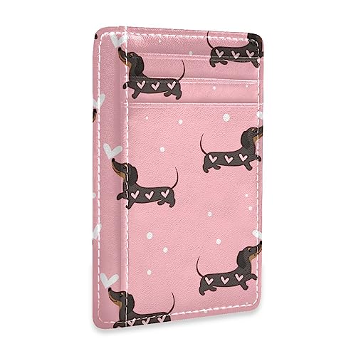 OTVEE Dachshund Dogs on Pink Slim Minimalist Wallet Rfid Blocking Card Wallets PU Leather Front Pocket Wallets