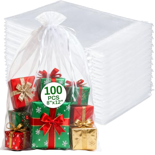 Image of Sukh White Organza Bags 8 inchx12 inch - 100pcs Large Sheer Mesh Drawstring Bag for Jewelry, Soap, Fruits, Candy, Small Gift Bag for Weddings, Valentine's Day, Mother's Day, Halloween, Thanksgiving, Christmas