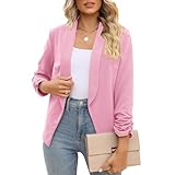 Material: 100% Polyester Women Shawl Collar Casual Work Office Blazer Cardigan Jacket 3/4 length Ruched sleeves Open Front Blazer There are 5 sizes and 9 Colors available, soft and comfortable material. Washing max 30℃, Hang Dry, Low iron