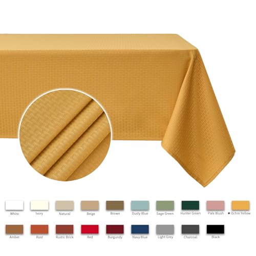 Image of maxmill Square Tablecloth Weaved Texture Stain Resistant Waterproof Wrinkle Free Washable Soft Table Cloth, Decorative Fabric Table Cover for Dining Room Dinner Parties, 52 x 52 Inch, Ochre Yellow