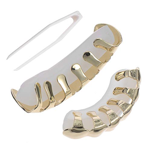 EXCEART 1 Set Gold Plated Hip Hop Teeth Caps Top Bottom Grill Set Teeth Brace Accessories for Teeth Rapper Costume Cosplay Golden
