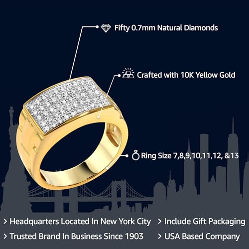 Gem Stone King White Diamond Ring For Men In 10K Yellow Gold | Gold Men's Pave Ring | 0.25 Cttw | Available in Size 5,6,7,8,9,10,11,12,132