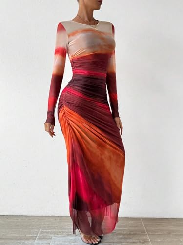 Image of MARZXIN Women Long Sleeve Maxi Dress Bodycon Ruched Formal Slim Fit Tie Dye Dress Formal Mesh Dress