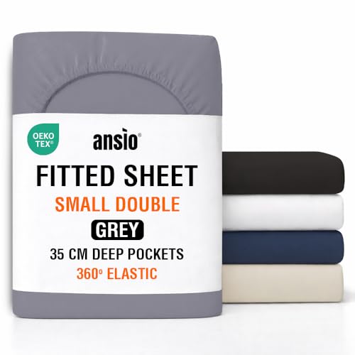 ANSIO Small Double Fitted Sheet Soft Brushed Microfibre Fabric Extra Deep Pocket 35cm All-Around Elastic OEKO-TEX Certified Easy Care & Naturally Smooth After Wash - Grey