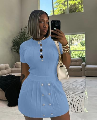 Image of Two Piece Outfits for Women Summer Going Out Knit Crop Tops Pleated Mini Skirt Sets Short Sleeve Mini Dress