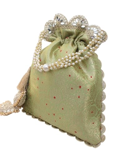 Image of MILAN'S CREATION Pure Banarasi Potli Silk Brocade Bag Purse Drawstring Women's handbag with Pearl Handle & Tassel Weddings