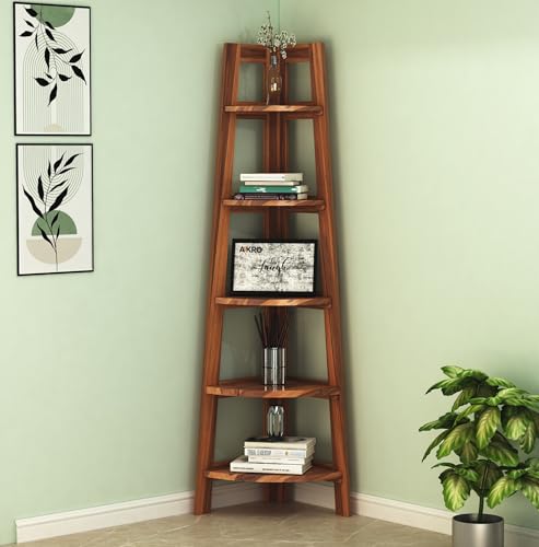 Image of Sheesham Wood Corner Shelf for Living Room Bedroom Home | 5 Tier Corner Bookshelf | Wooden Ladder Bookcase Display Unit (Honey Finish)