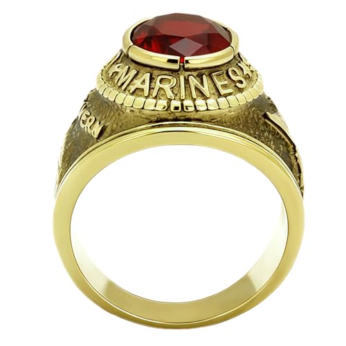US Marines Military Ring, Gold-Tone with Red Crystal Stone, Vintage Style Lunxury Engraved Stainless Steel Mens Ring3