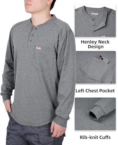 Image of BOCOMAL FR Shirts for Men Long Sleeve EX Soft Flame Resistant Henley CAT2 | NFPA2112 6oz Midweight Cotton Knit Heather Series,Moisture-Wicking /Breathable,Chest Pocket,Rib-Knit Cuffs,Summer Work T Shirt