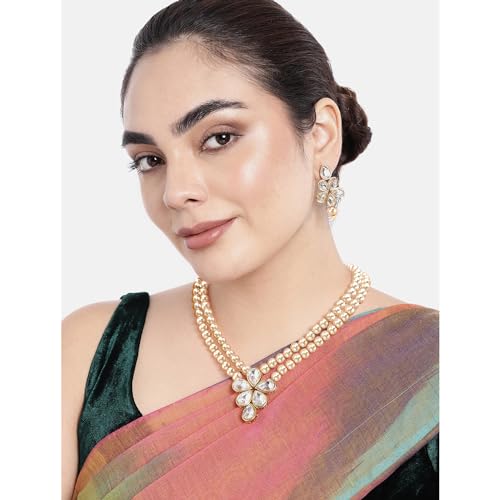 Image of Peora Crystal Faux Pearl Kundan Necklace & Jewellery Set Gift for Women