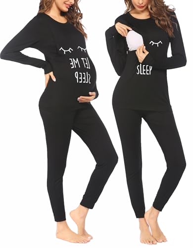 Image of Ekouaer Long Sleeve Nursing Pajama Set Black Sleep Eyes M