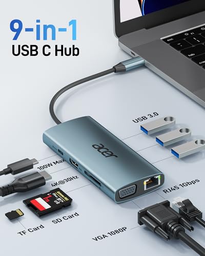 Image of Acer USB C Hub with 4k HDMI, 9-in-1 USB C to Ethernet Adapter, 5Gbps USBA 3.0 Docking Station, VGA Splitter, SD Card Reader, PD 100W Charging for MacBook, Acer, Laptops, Surface and More