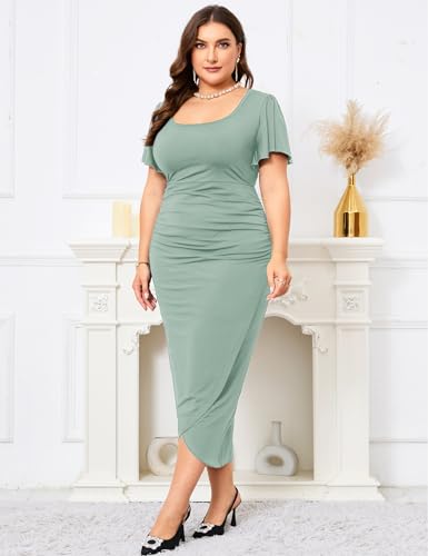 Image of ZOMVA 2024 Plus Size Cocktail Dress Comfortable Bell Sleeves Wedding Guest Square Neck Semi Formal