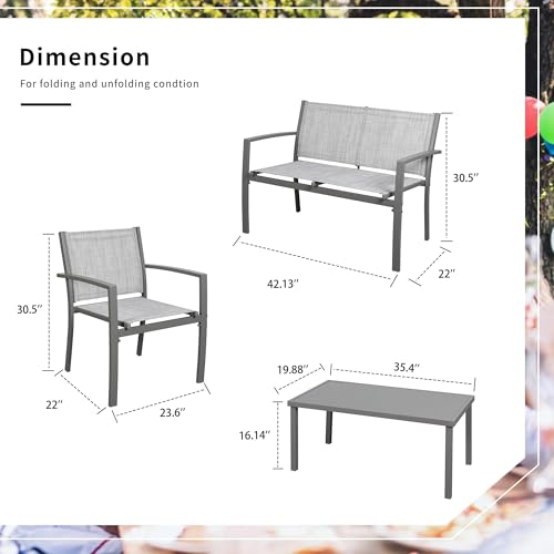 Shintenchi 4 Pieces Patio Furniture Set All Weather Textile Fabric Outdoor Conversation Set, with Glass Coffee Table, Loveseat, 2 Single Chairs for Home, Garden, Lawn, Porch（Silver）