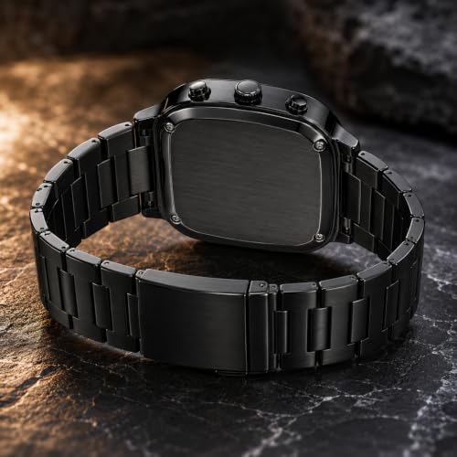 Image of Watch for Men Analog Digital Black Wrist Watch with Stainless Steel Chain, Square Dial, Dual Time Display, Alarm, LED Backlight, Chronograph, Sports Watch, Waterproof 5ATM Luxury Men's Watch
