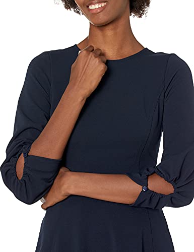 Amazon Brand - Lark & Ro Women's Gathered 3/4 Sleeve Crew Neck Fit And Flare Dress With Pockets, Navy, 2 #TOP2