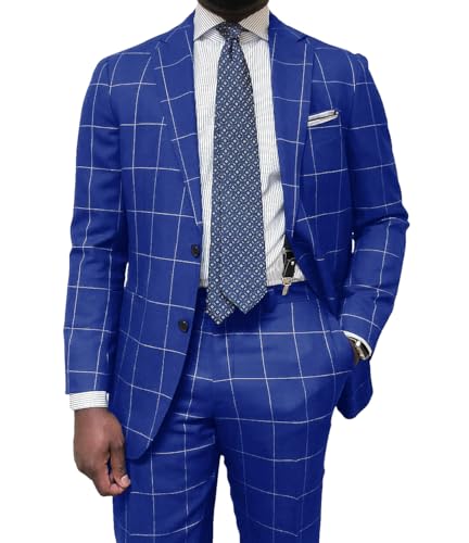 Wangyue Mens Plaid Suit Big and Tall 2 Piece Checked Suits Bussiness Wedding Suit Prom Tuxedos Suit Blazer Pant Set