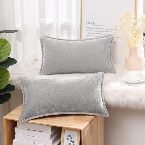 Image of decorUhome Fall Chenille Soft Cozy Throw Pillow Covers 12x20 Set of 2, Modern Farmhouse Boho Velvet Decorative Pillow Cases with Stitched Edge for Couch Sofa Bed Home Decor, Neutral Gray