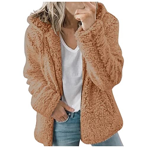 Fheaven Ladies Oversized Fluffy Coats, Winter Warm Hoodies Jacket Faux Fur Winter Warm Zipper Oversized Outwears S-5XL Coffee